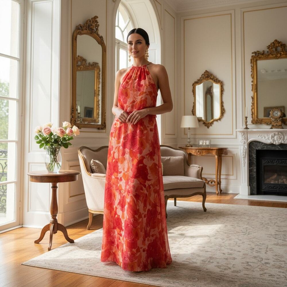 MSK Dress Size 14 NWT – Vibrant Floral Maxi w/ Gold‑Tone Halter Detail